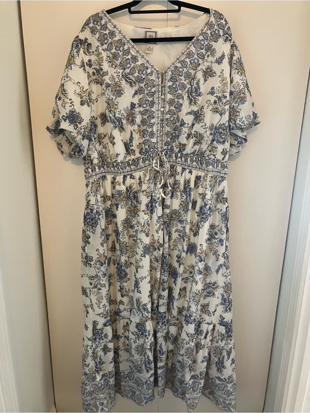 Boho V-Neck Maxi Dress in White with Blue Floral Print